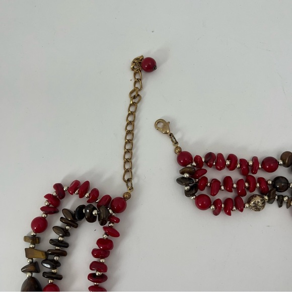 VTG 3 Strand Stone Beaded Red Brown Gold Tone - Picture 3 of 7